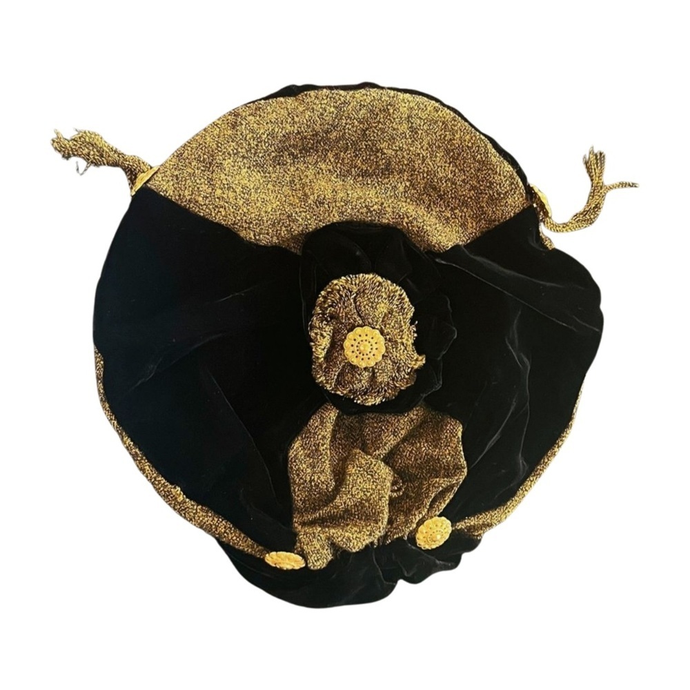 90s Vintage Black & Gold Velvet Beret – Baroque Rosette – One Size - Picture 3 of 6